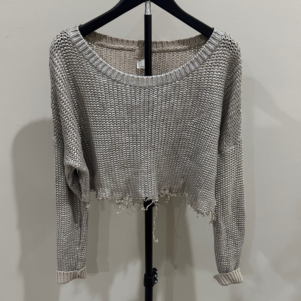 Distressed Cropped Knit Sweater - metallic
